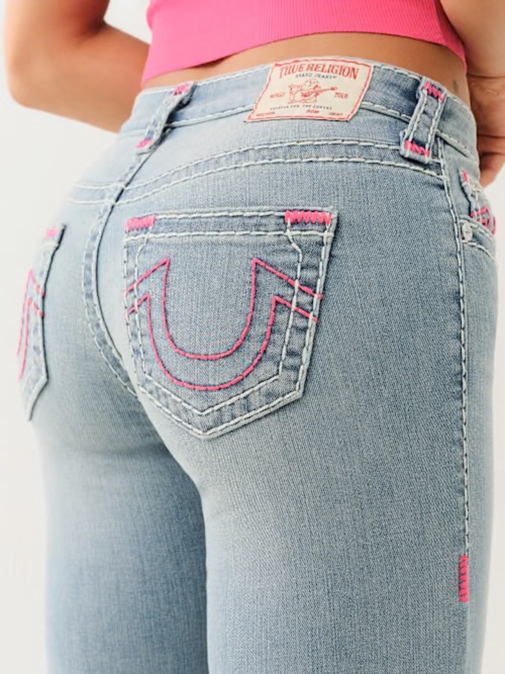 True Religion girl’s Billie mid-rise straight leg jean light blue wash with pink
